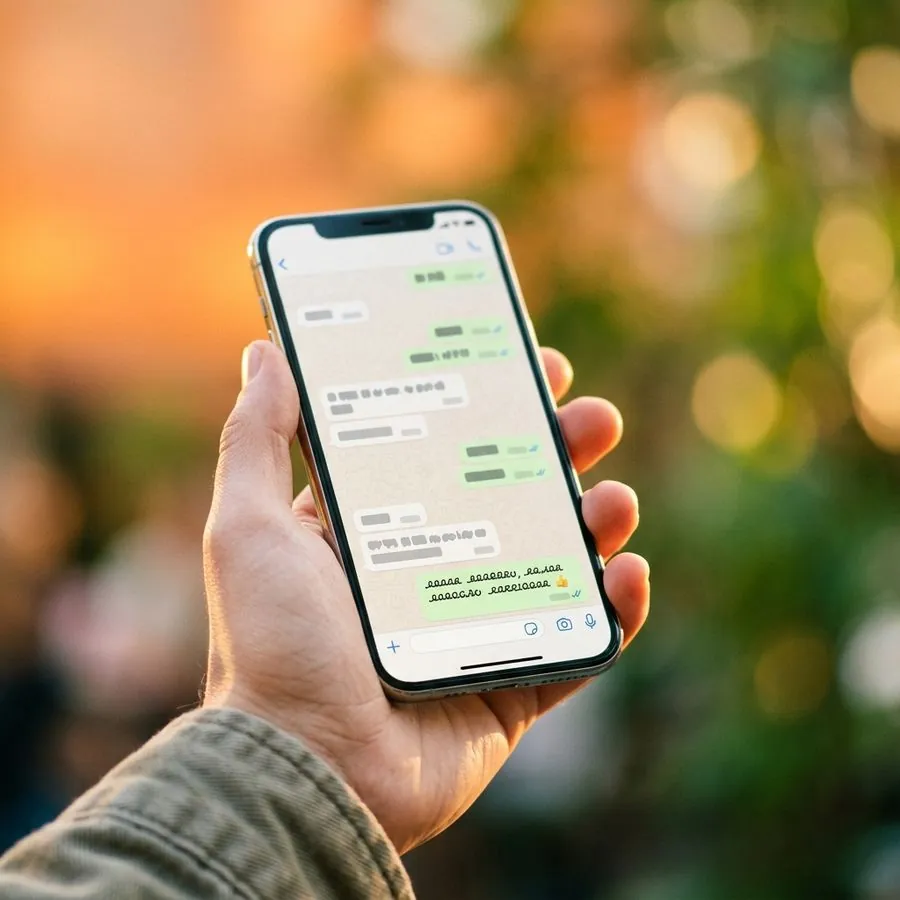Mano che tiene uno smartphone con una chat WhatsApp