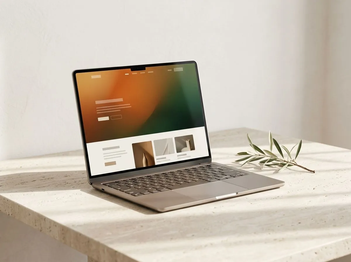 Laptop con un sito moderno su una scrivania in pietra chiara